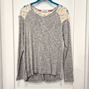 Hint of Mint Gray Sweater with Cream Lace Detail